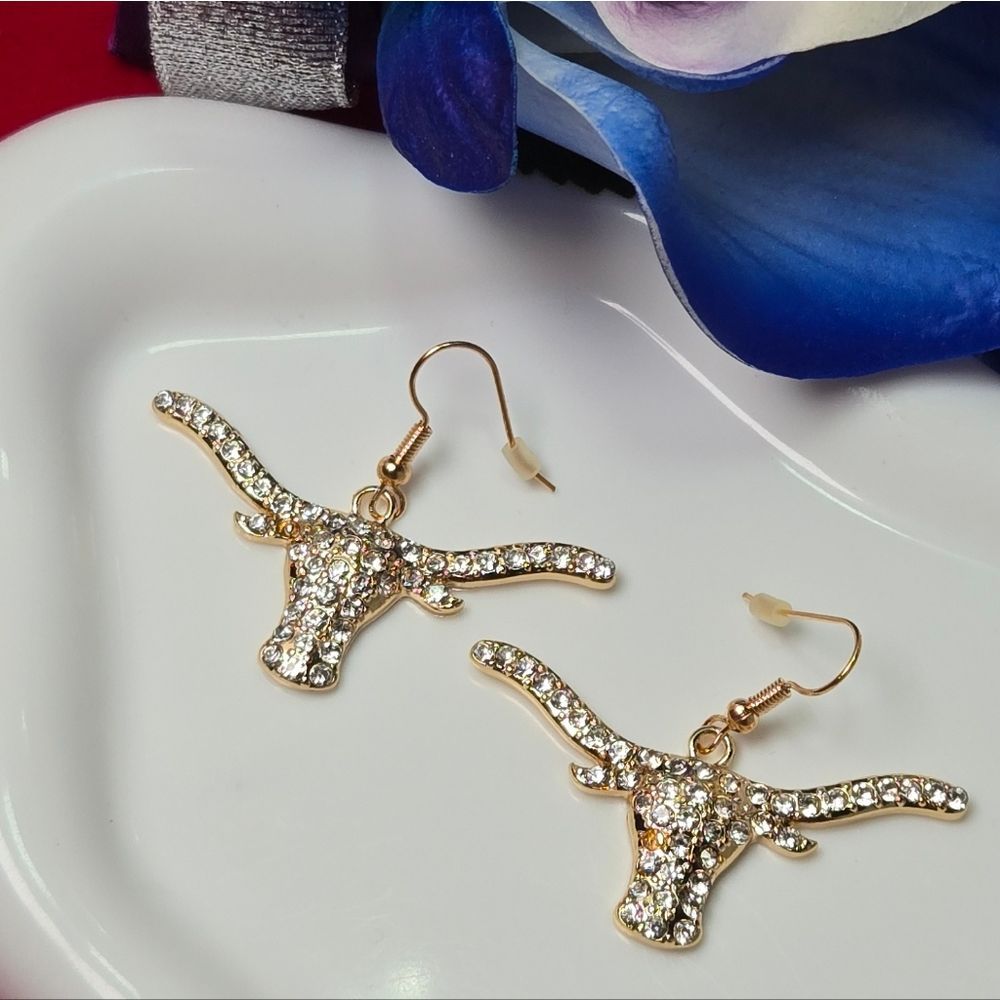 Texas Longhorn Bull Cow Steer Rhinestone Gold Dangle Earrings Western Glam Nwt 22$